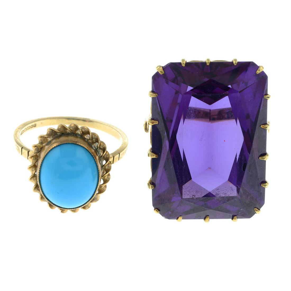 A 9ct gold turquoise cabochon single-stone ring together with a synthetic colour-change sapphire: A 9ct gold turquoise cabochon single-stone ring, hallmarks for Birmingham, ring size N, 2.6gms. A synthetic colour-change sapphire single-stone ring, stamped 14K, ring size M, 15.8gms. Condition Repor