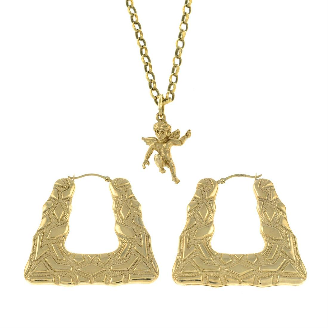 (58057) A pair of 9ct gold earrings, together with a 9ct gold cherub pendant, on chain.: (58057) A pair of 9ct gold earrings, together with a 9ct gold cherub pendant, on chain. All with hallmarks for 9ct gold. 22.8gms. Condition Report: Please be aware that the above estimates on these lo