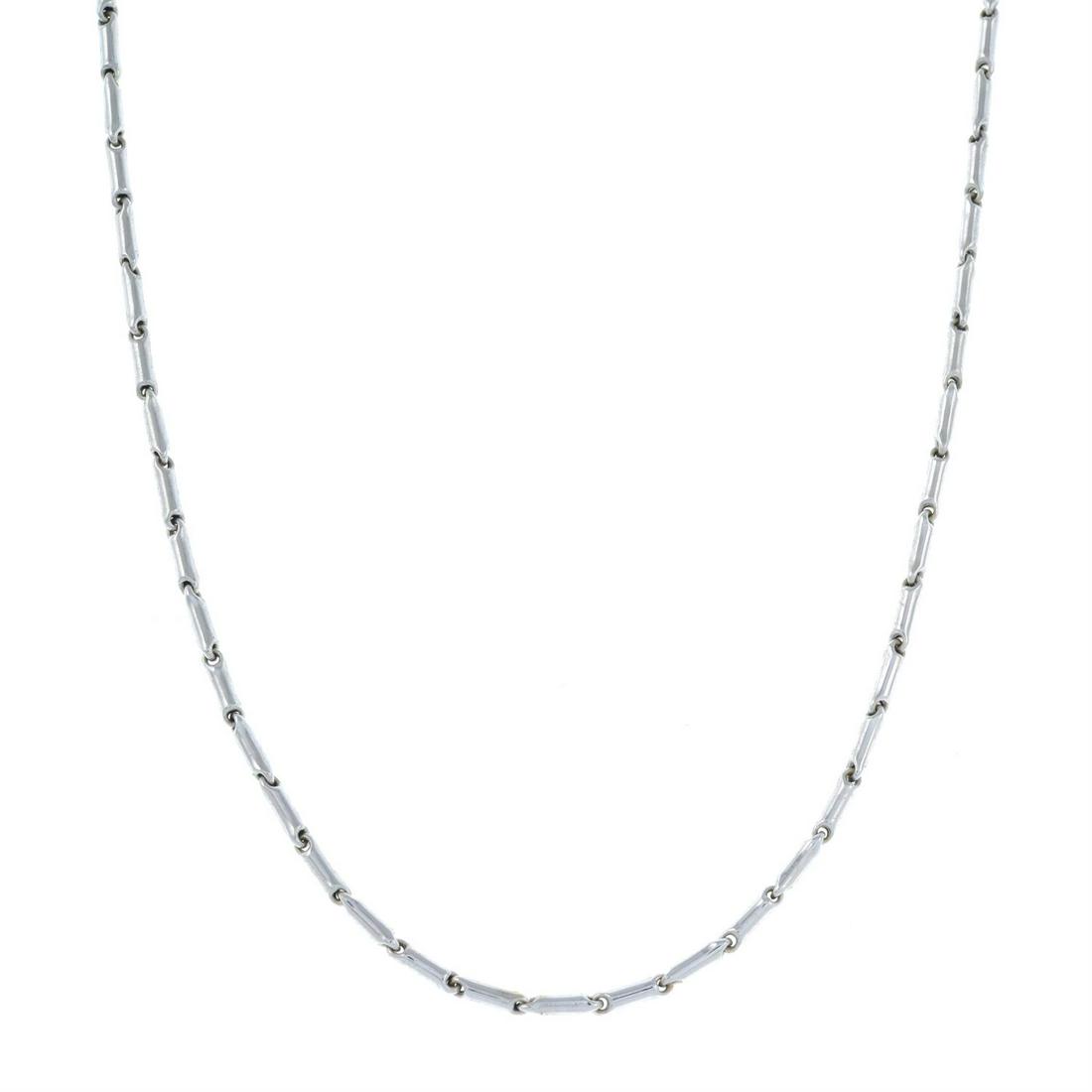 A fancy-link necklace, by Chimento.: A fancy-link necklace, by Chimento. Signed Chimento. Stamped 750, Italian marks. Length 43.5cms. 7.3gms. Condition Report: General light to moderate marks and wear. Condition reports are offer