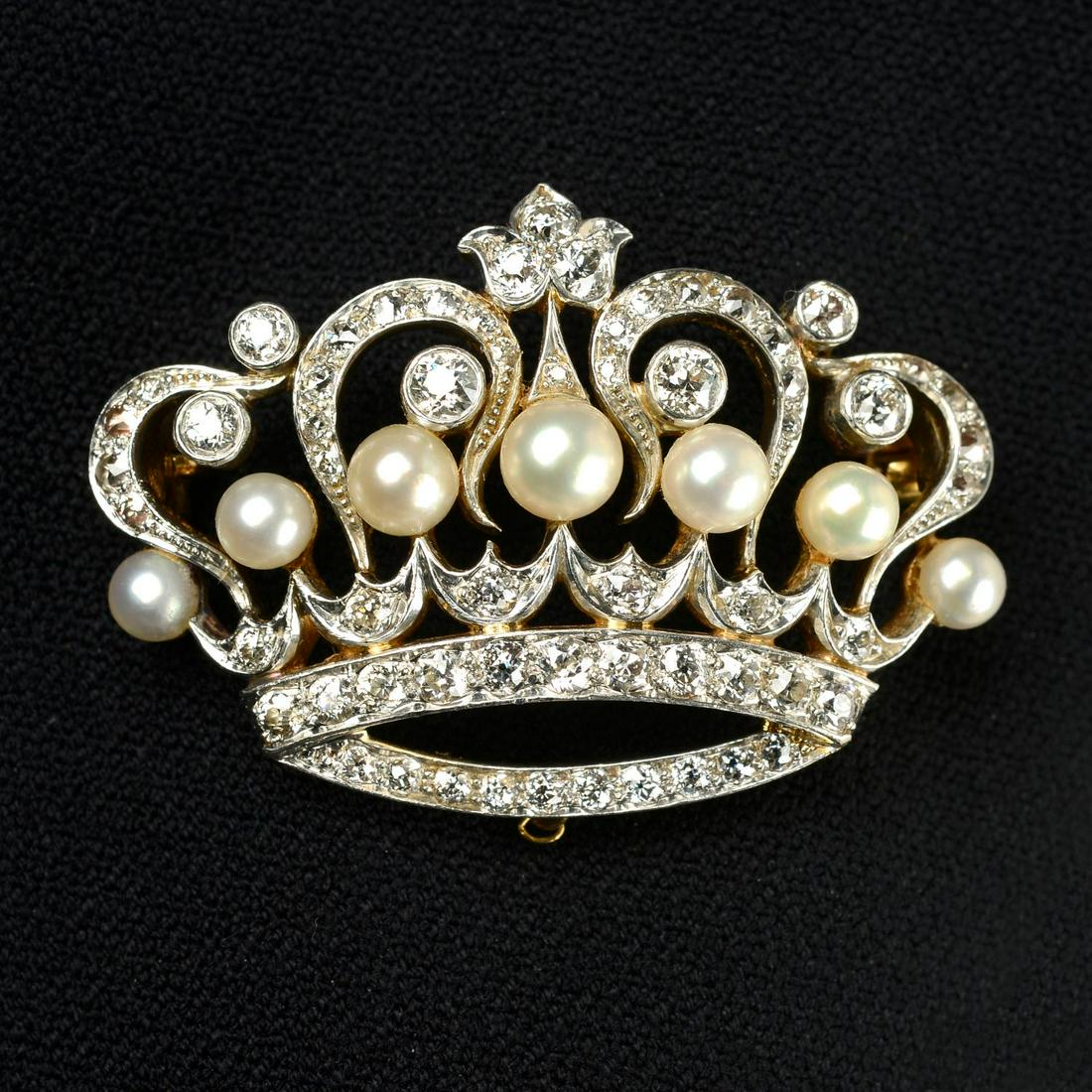 A late 19th century platinum and 15ct gold, graduated pearl and old-cut diamond crown (1 of 4)