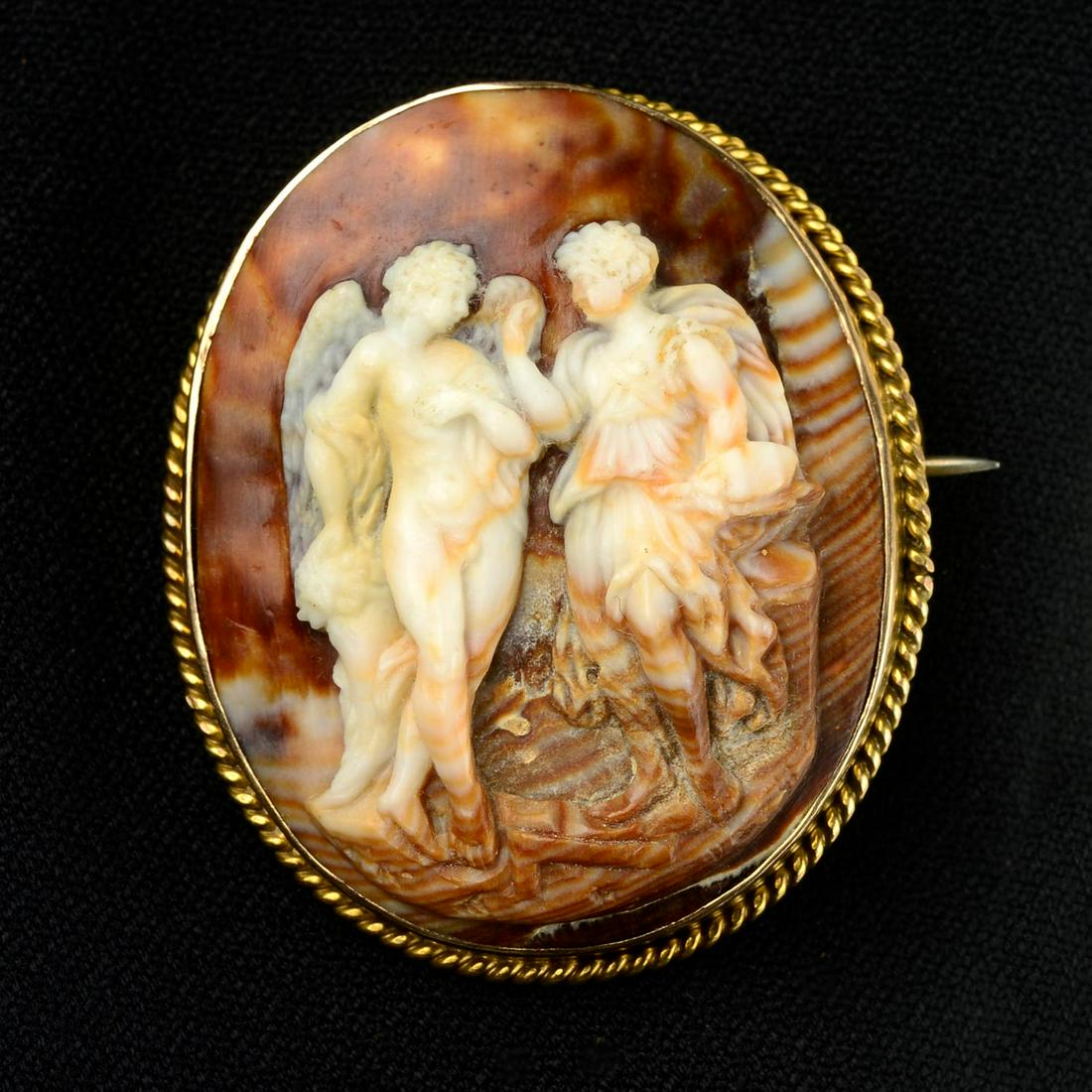A 19th century cameo brooch, believed to be depicting Thanatos leading a lost soul, with gold (1 of 4)