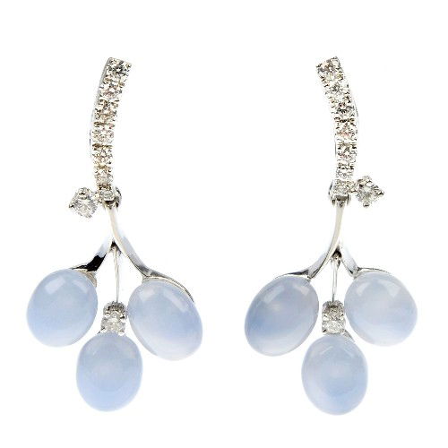 * CHIMENTO - a pair of chalcedony and diamond ear: * CHIMENTO - a pair of chalcedony and diamond ear pendants. Of foliate design, the oval chalcedony and brilliant-cut diamond cluster flower to the similarly cut diamond curved line surmount. Stamped C