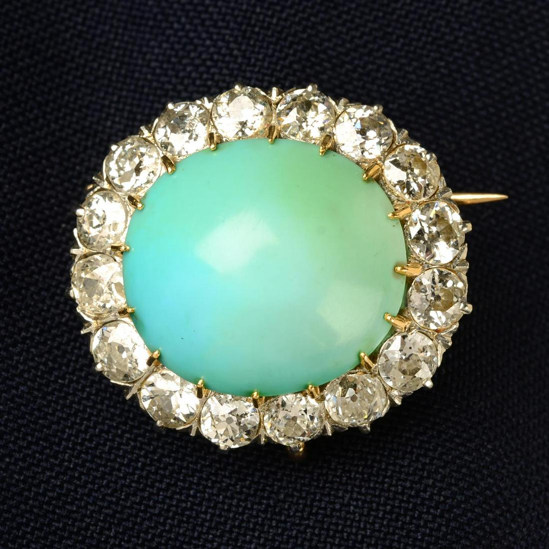 An early 20th century platinum and gold, turquoise and old-cut diamond cluster brooch.Turquoise (1 of 4)