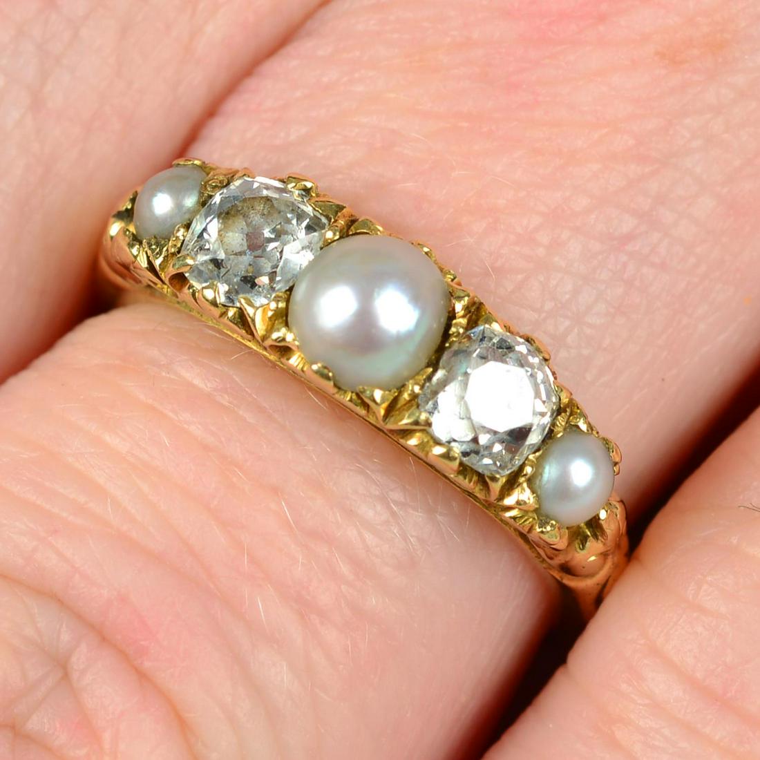 An early 20th century 18ct gold alternating graduated split pearl and old-cut diamond five-stone (1 of 5)