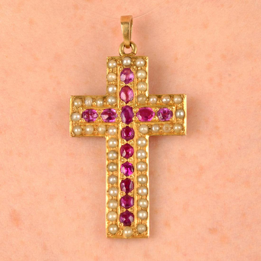 A late 19th century gold ruby, synthetic ruby and split pearl cross pendant.Length 4.6cms. 6gms. (1 of 4)