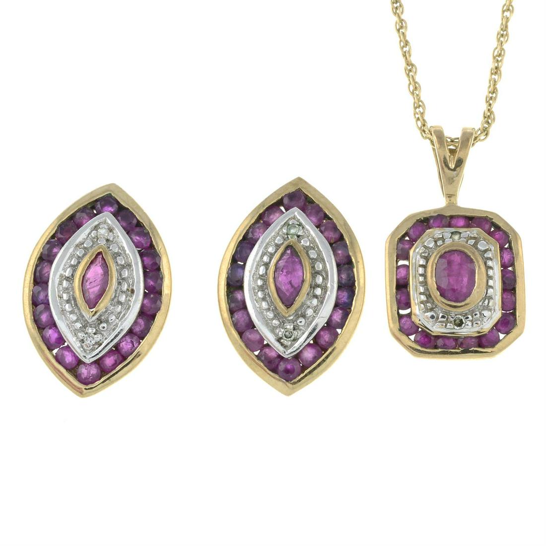 A pair of 9ct gold ruby and diamond earrings, together with a similar pendant, on chain.: A pair of 9ct gold ruby and diamond marquise-shape earrings, together with a 9ct gold ruby and diamond pendant, on chain. Earrings with hallmarks for Birmingham, pendant with hallmarks for London, par