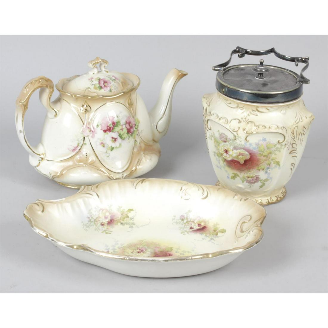 A mixed selection of assorted china, glass and other items, etc.: A mixed selection of assorted china, glass and other items, to include a selection of S.F. & Co. Royal Devon pottery items, a Rubens Ware 'Pomegranate' pattern jug, a plated tea kettle on stand, a