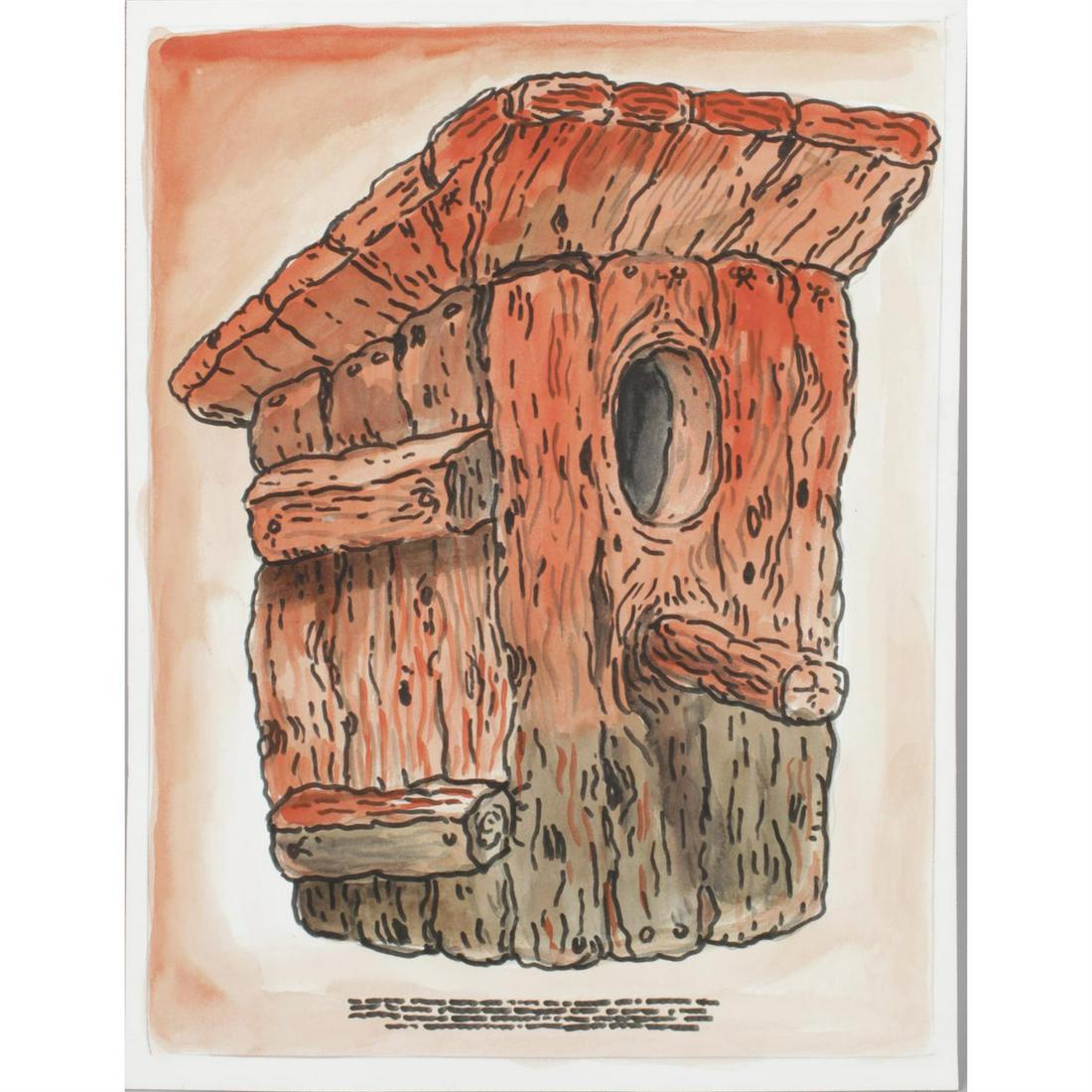 Armen Eloyan (b. 1966) 'A while ago the elephant ordered the ants to make him a burger (36)',: Armen Eloyan (b. 1966), an unframed watercolour and marker pen sketch, 'A while ago the elephant ordered the ants to make him a burger (36)', study of a bird house. Signed in pencil verso. 16" (4