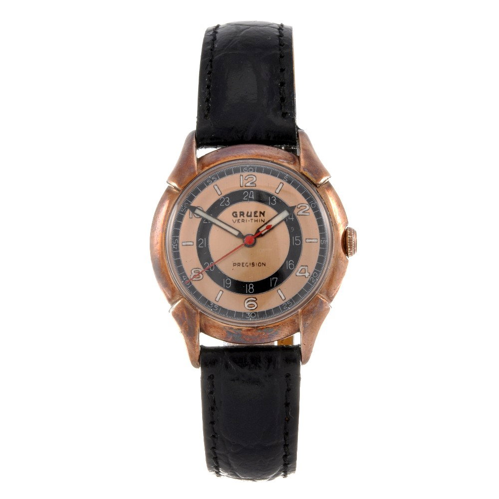 GRUEN - a rose gold plated manual wind gentleman's : GRUEN - a rose gold plated manual wind gentleman's Veri-Thin wrist watch, the bronze tone dial with luminous Arabic numerals interspaced with luminous batons, inner black twenty-four hour track, outer