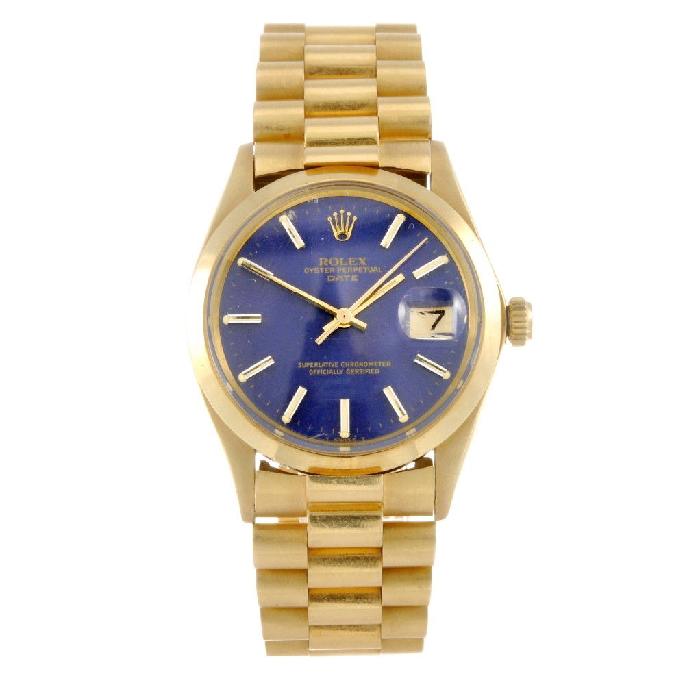ROLEX - a 14k gold automatic gentleman's Oyster Pe: ROLEX - a 14k gold automatic gentleman's Oyster Perpetual Date bracelet watch circa 1972, the blue dial with hourly applied batons, date aperture positioned to three o'clock, all surrounded by a minut