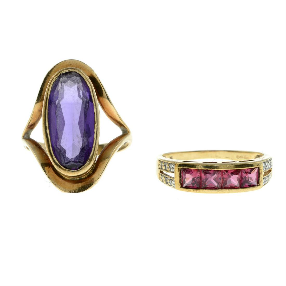 A 9ct gold synthetic sapphire and diamond band ring, together with a synthetic colour-change: A 9ct gold synthetic sapphire and diamond ring, hallmarks for Birmingham, ring size O, 2.3gms. A synthetic colour-change sapphire single-stone ring, stamped 9ct gold, ring size P, 6.1gms. Condit