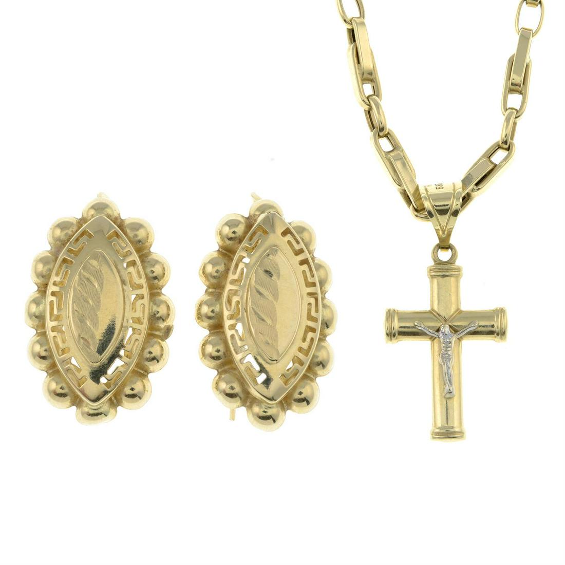 (70949) A pair of earrings, together with a crucifix pendant on fancy-link chain.: (70949) A pair of earrings, together with a crucifix pendant on fancy-link chain. All stamped 585. Length of earrings 3.2cms. Length of pendant 3.8cms. Approxim