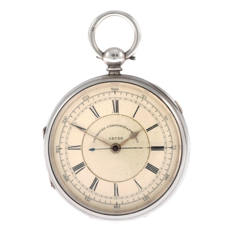 Silver Victorian: A Victorian silver key wind open face pocket watch, the cream dial with hourly applied Roman numerals, bordered by a minute track and surrounded by a tachymeter scale, plain case with milled middle an