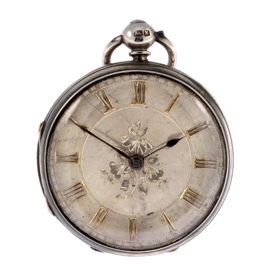 Silver Victorian: A possible Victorian silver key wind open face pocket watch, the silvered dial with Roman numerals and foliate engraving to centre, later addition foliate and scroll engraved case with vacant cartouch