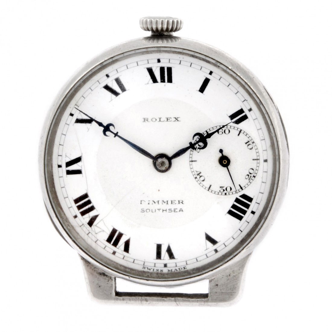 Gold Modern - post 1901: A silver keyless wind open face fob watch signed Rolex, the white enamel dial with hourly applied black Roman numerals, bordered by a minute track, subsidiary seconds dial positioned to three o'clock,