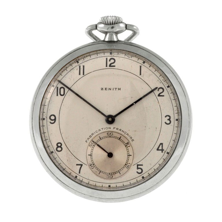 Base metal - gun metal etc: A stainless steel keyless wind open face pocket watch signed Zenith, the silvered dial with hourly applied Arabic numerals, subsidiary seconds dial to six o'clock, outer minute track, the round case,