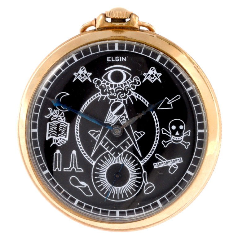 Base metal - gun metal etc: An early 20th century 10k rolled gold keyless wind open face pocket watch signed Elgin, the black dial having Masonic symbol hour markers, subsidiary seconds dial to six o'clock, all surrounded by an