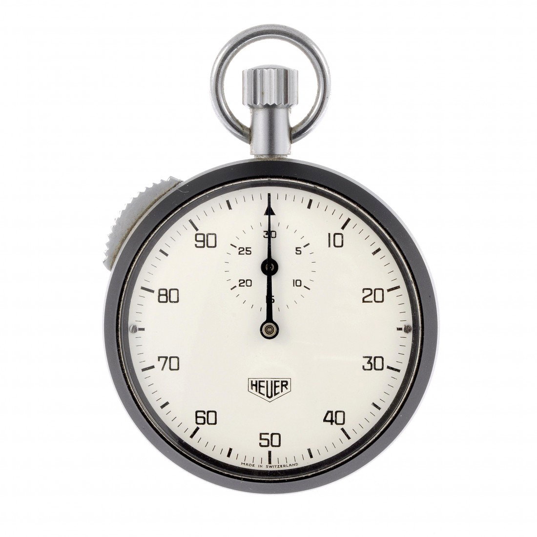Miscellaneous: A base metal and plastic keyless wind stop watch signed Heuer, the cream dial having black Arabic numeral second markers for decimal timing, subsidiary minute recorder dial to twelve o'clock, plain ca