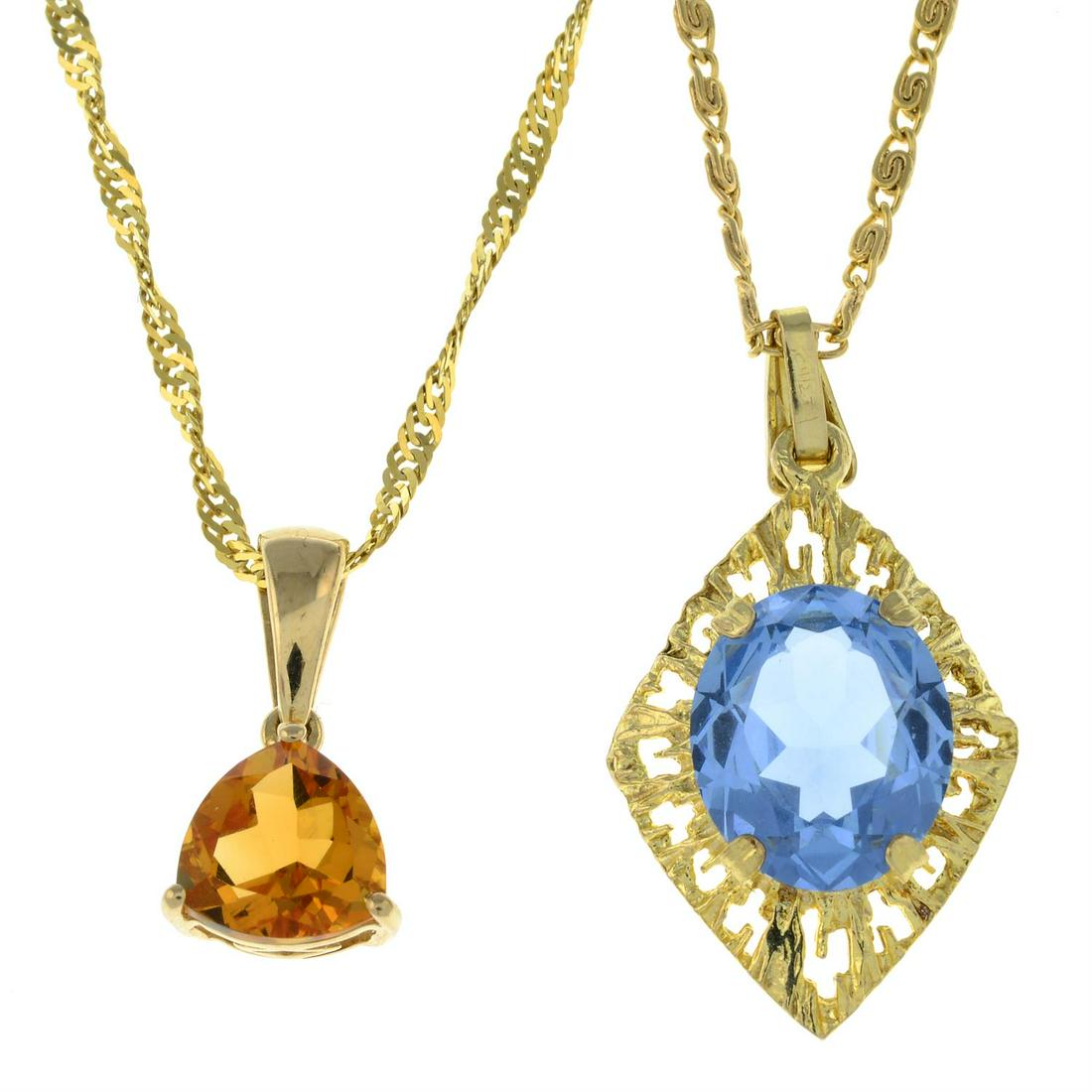 A 9ct gold synthetic blue spinel pendant, on a 9ct gold fancy-link chain, together with a 9ct gold: A 9ct gold synthetic blue spinel pendant, on a 9ct gold fancy-link chain, pendant with hallmarks for London, 1976, chain with import marks for Birmingham, 1978, length of pendant 2.8cms, length of cha