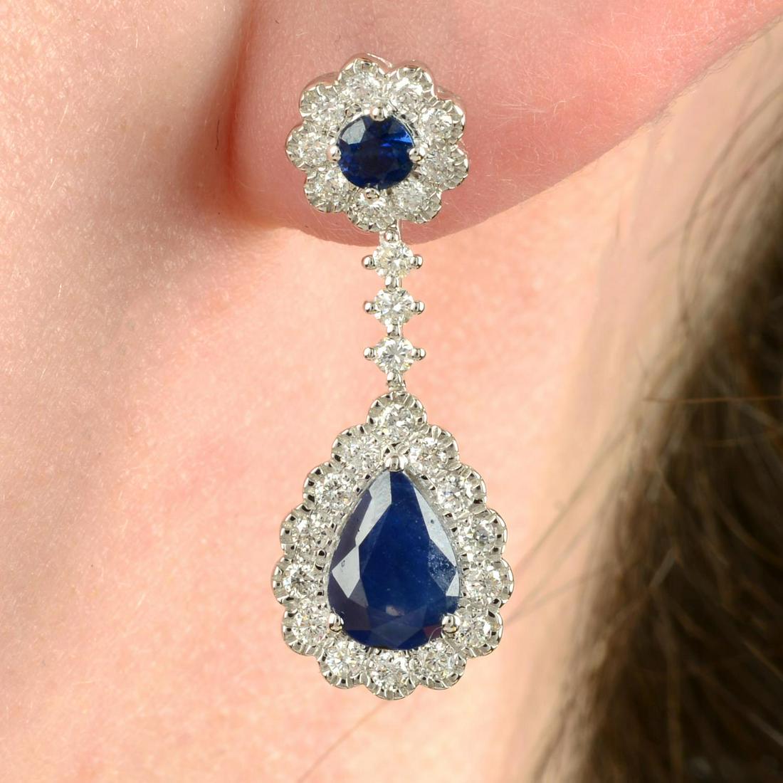 A pair of 18ct gold sapphire and diamond earrings, with similarly-set detachable drop.Sapphire total (1 of 3)