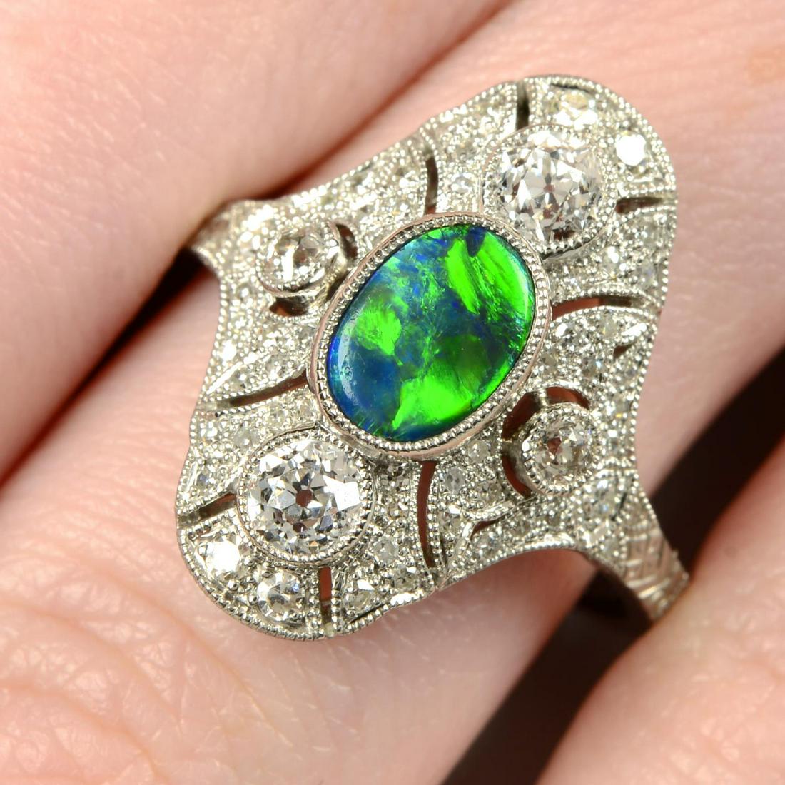 A black opal, old and single-cut diamond pierced geometric ring.Signed JoAq. Engraved 850 Plat. Ring (1 of 5)