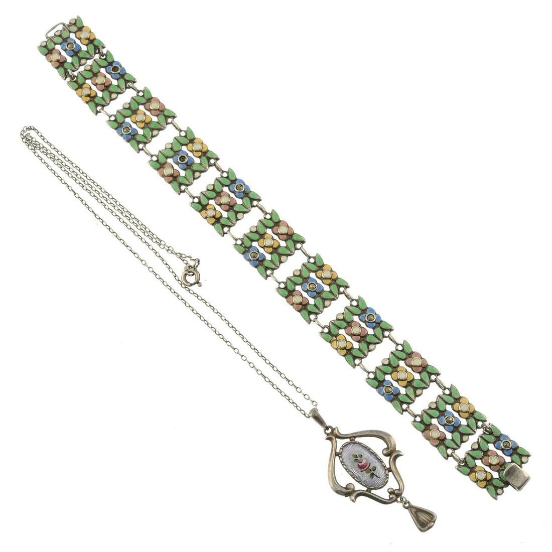 An Arts & Crafts Silver vari-hue enamel bracelet, attributed to Bernard Instone and an Edwardian: An Arts & Crafts Silver vari-hue enamel bracelet, attributed to Bernard Instone, length 19cms, 20.1gms. An Edwardian silver enamel pendant, with chain, by Charles Horner, makers marks for Charles