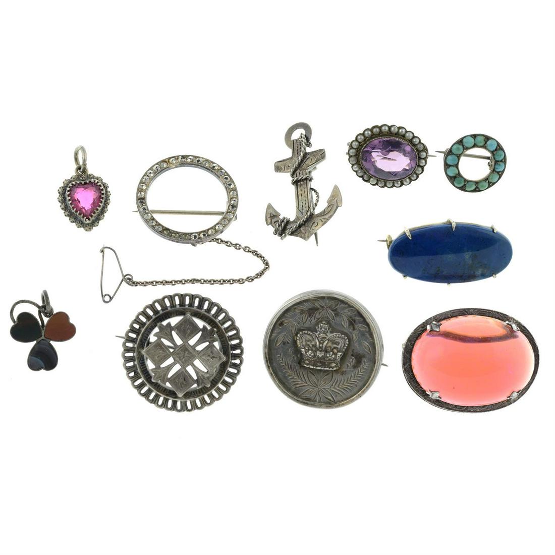 A selection of ten Victorian and later silver mainly gem-set jewellery, to include eight brooches: A selection of ten Victorian and later silver mainly gem-set jewellery, to include eight brooches and a paste pendant, by Charles Horner and agate clover pendants, by Joseph Cook & Sons. Gems to i