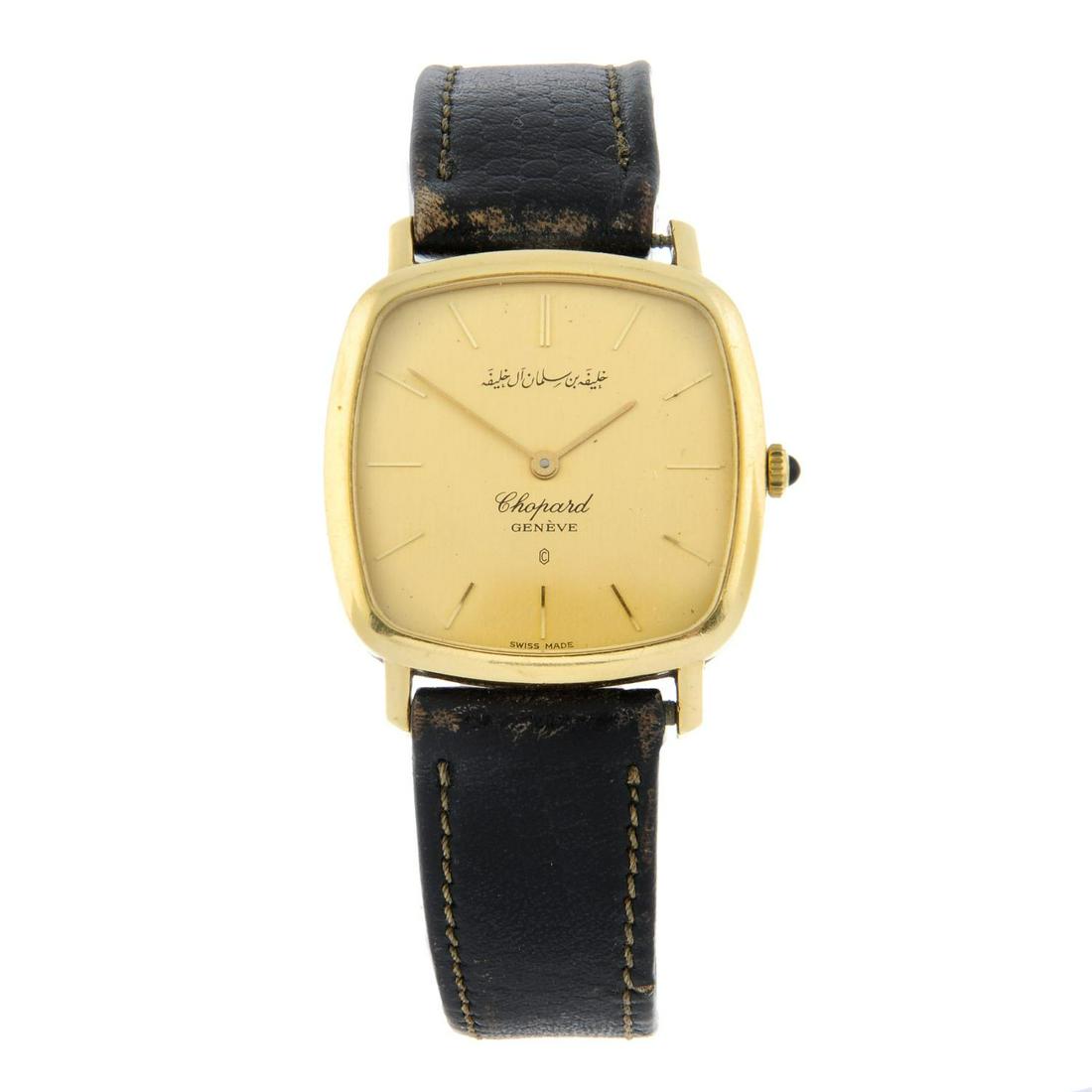 CHOPARD - a wrist watch. Yellow metal case, stamped 18K 0,750. Case width 32mm. Numbered 191004: CHOPARD - a wrist watch. Yellow metal case, stamped 18K 0,750. Case width 32mm. Numbered 191004 2188. Signed quartz movement. Champagne dial with baton hour markers. Fitted to an unsigned black leathe