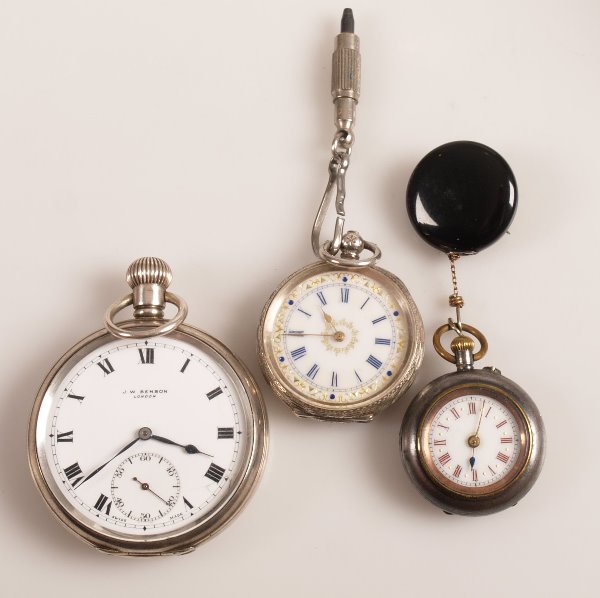1930's silver cased J.W. Benson open face top win: 1930's silver cased J.W. Benson open face top wind pocket watch, a small continental silver fob watch and a gun metal fob watch.
