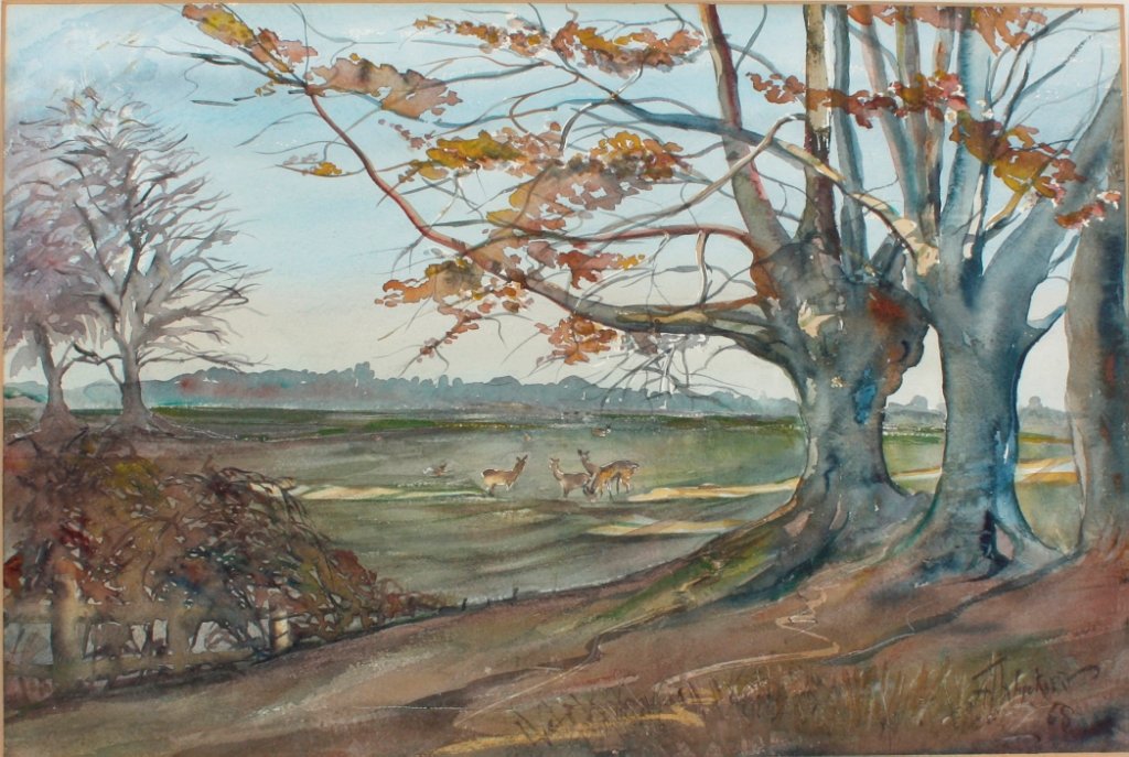 Joe Wyekaert, 'Deer in Charlcote Park Nr. Hampton : Joe Wyekaert, 'Deer in Charlcote Park Nr. Hampton Lucy, near Stratford on Avon', watercolour signed and dated '68 lower right, entitled washlined card mount. 14.5" x 21.5" (37 x 54.5cm).