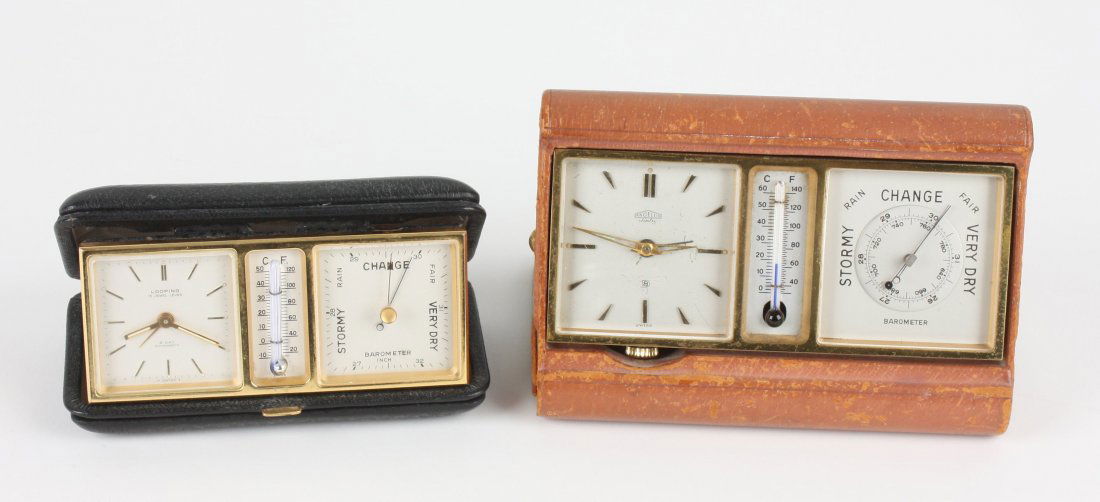 Two Swiss travel timepiece weather-stations: Two Swiss travel timepiece weather-stations. Comprising an Angelus weather-station, having a 2" silvered square dial marked "Angelus Sentry 8 SWISS", beside an ethanol Centigrade and Fahrenheit thermo