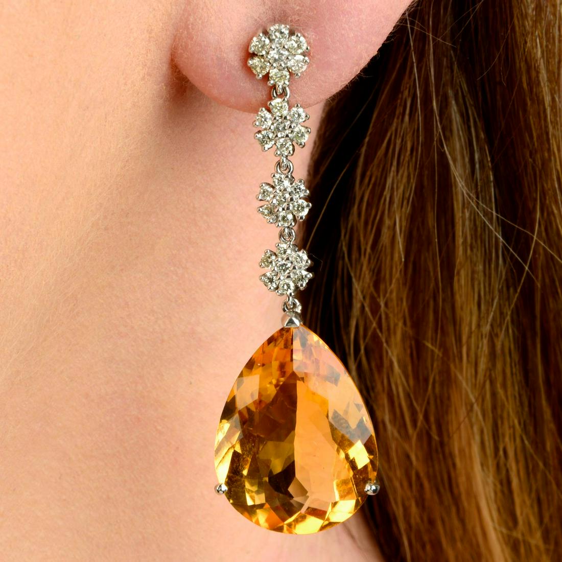 A pair of 18ct gold brilliant-cut diamond cluster line and citrine drop earrings.Estimated total (1 of 3)