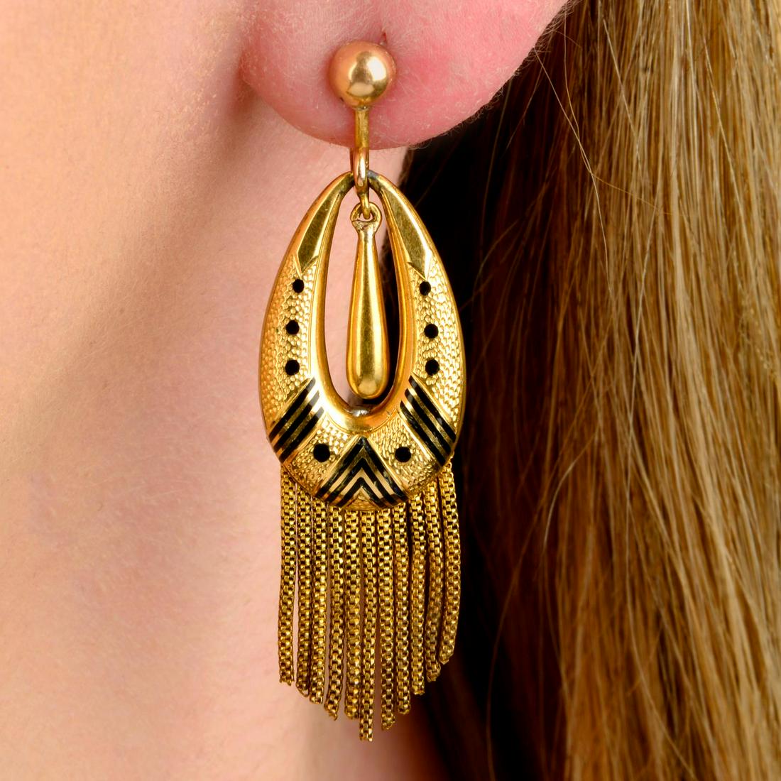 A pair of late 19th century 18ct gold black enamel fringe earrings.Length 4.6cms. 7.8gms. (1 of 3)