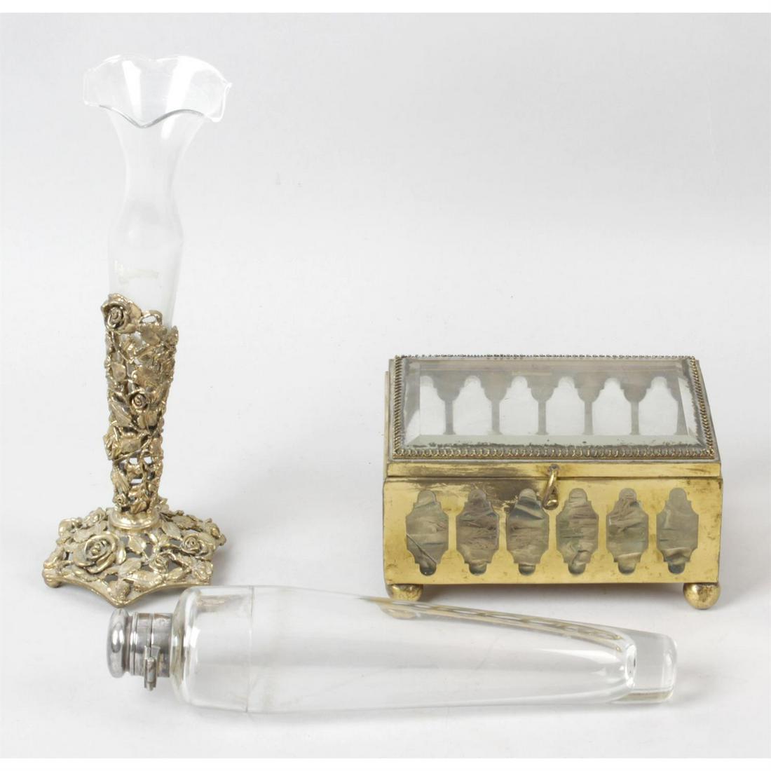 A selection of items, to include an early 20th century gentleman's glass spirit flask,: An early 20th century gentleman's glass spirit flask, of tapered cylindrical form with silver plated twist hinged cover, within original leather case, length 8.5" (16.5cm), a gilt metal mounted and gl