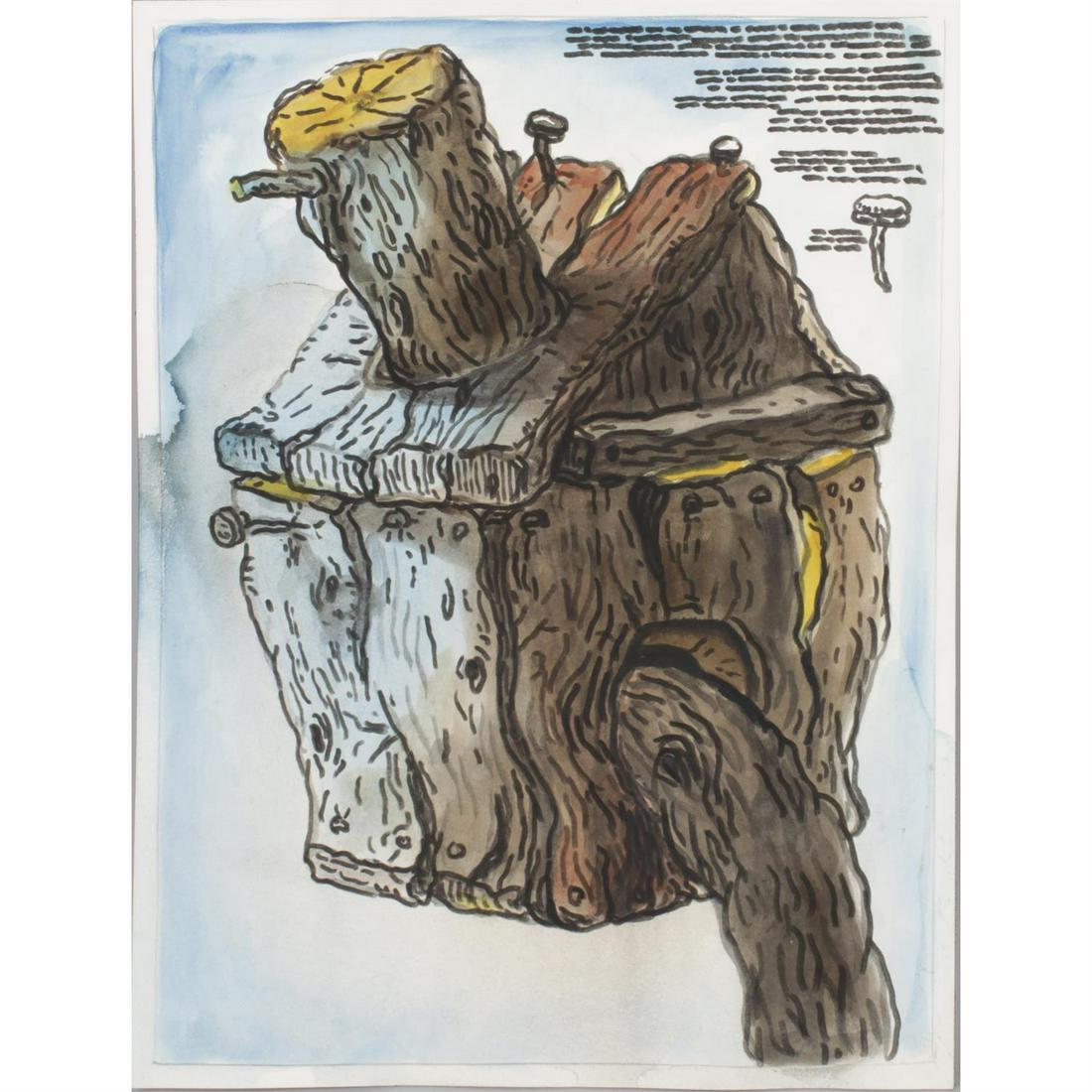 Armen Eloyan (b.1966), 'A while ago the elephant ordered the ants to make him a burger (22)',: Armen Eloyan (b.1966), an unframed watercolour and market pen sketch, 'A while ago the elephant ordered the ants to make him a burger (22)', study of a bird house. Signed in pencil verso. 16" (40