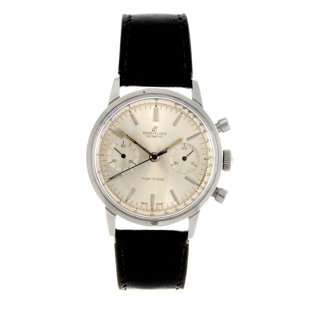 A stainless steel manual wind gentleman's Breitling: BREITLING - a stainless steel manual wind gentleman's chronograph Top Time wrist watch, the silvered sunburst effect dial with hourly applied batons, bordered by a minute track, subsidiary recorder di