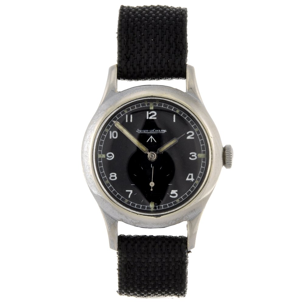 A base metal manual wind military Jaeger-LeCoultre: A base metal manual wind gentleman's military issue wrist watch by Jaeger-LeCoultre, the black dial with hourly applied white Arabic numerals, bordered by a minute track with luminous divisions at fiv