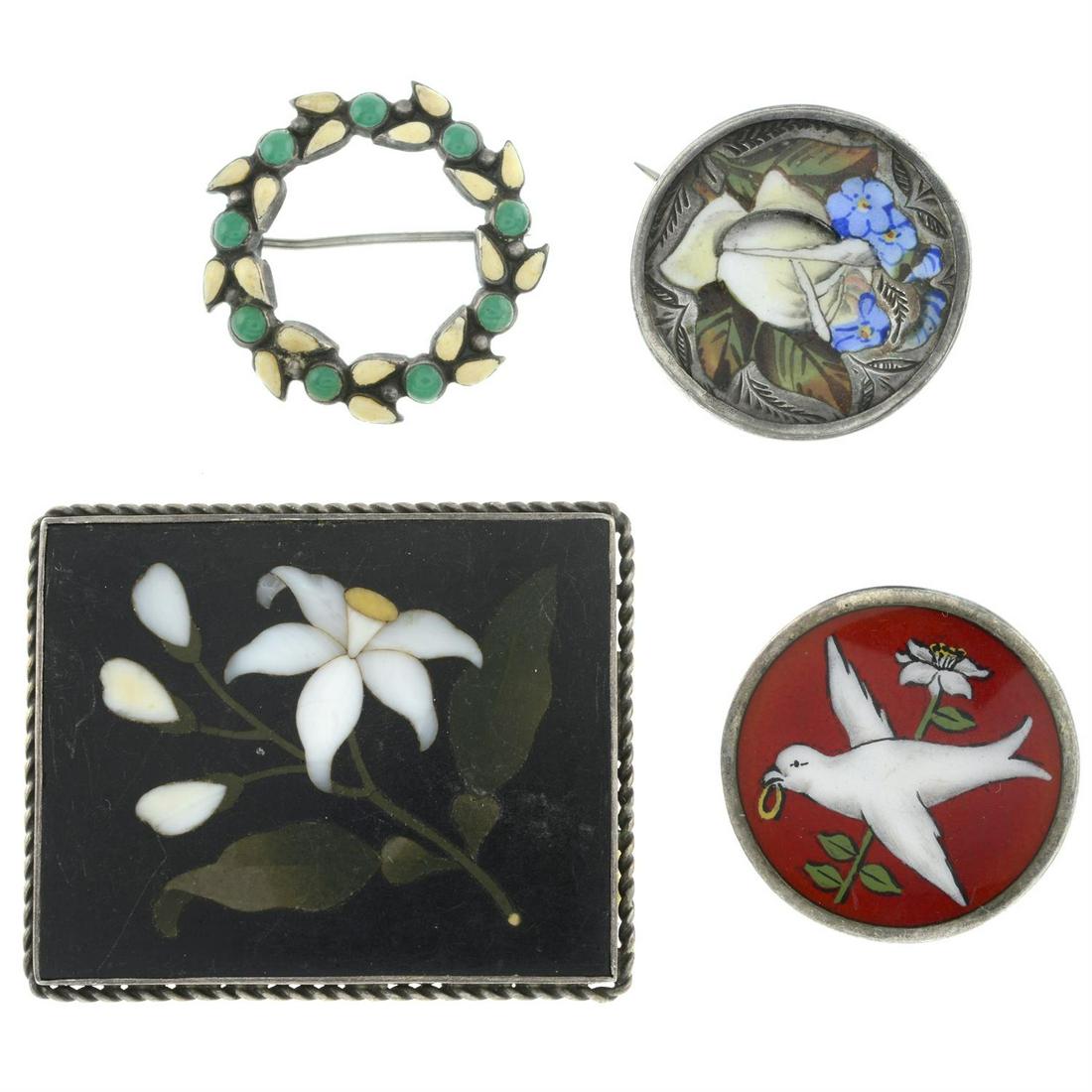 Four early 20th century silver enamel and pietra dura brooches, one by Bernard Instone.: An Arts and Crafts silver, green and white enamel wreath brooch, by Bernard Instone, with maker's mark, length 2.6cms, 4.1gms. An early 20th century silver enamel dove brooch, hallmarks for Birmingham