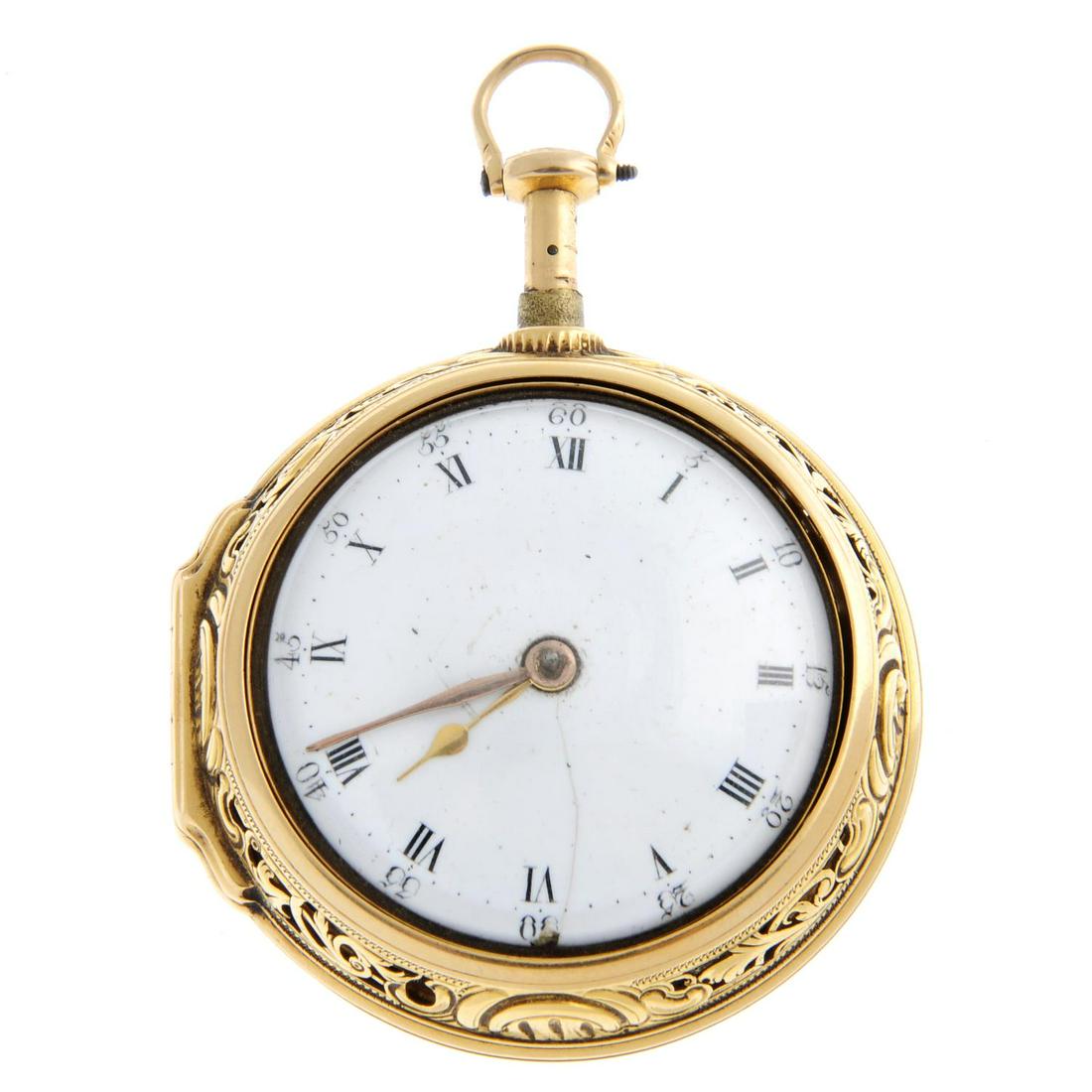 A Georgian pair case repeater pocket watch by Isaac Roberts. Yellow metal filigree case, testing as: A Georgian pair case repeater pocket watch by Isaac Roberts. Yellow metal filigree case, testing as 22ct. Outer case width 48mm, inner case width 41mm. Numbered 1273. Signed key wind gilded movement w