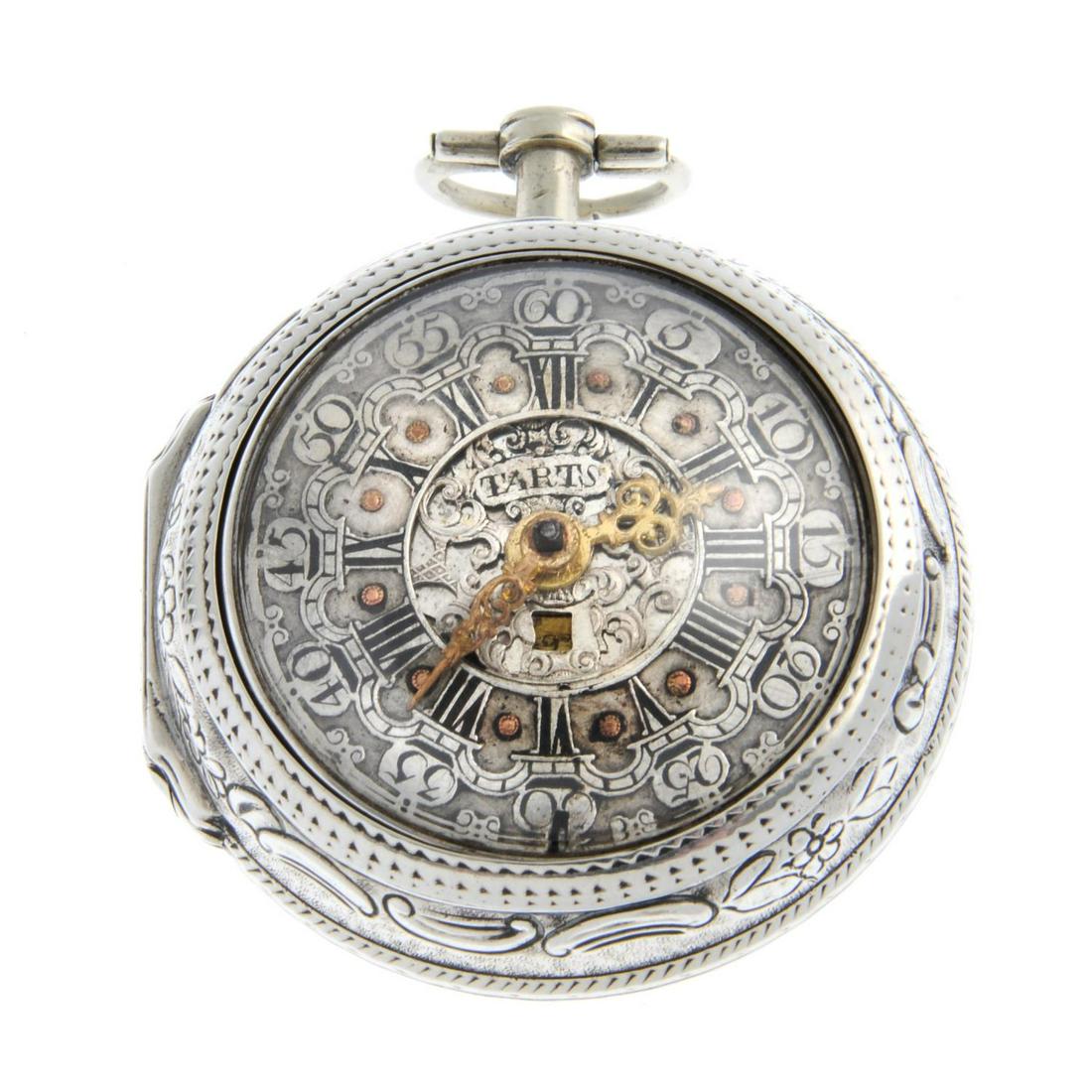 A pair case pocket watch by Tarts. White metal outer case, silver inner case, hallmarked London: A pair case pocket watch by Tarts. White metal outer case, silver inner case, hallmarked London possibly 1759. Outer case 52mm. Signed key wind full plate fusee and chain movement with verge escapemen