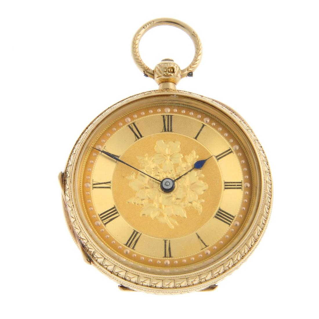 An open face pocket watch by C. Moody. 18ct yellow gold case, hallmarked Birmingham 1897. Case width: An open face pocket watch by C. Moody. 18ct yellow gold case, hallmarked Birmingham 1897. Case width 37mm. Signed key wind three quarter plate movement with ratchet tooth lever escapement. Gilt dial w