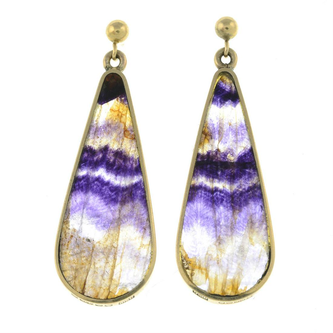 A pair of 9ct gold Blue John drop earrings, by David Scott Walker.: A pair of 9ct gold Blue John drop earrings, by David Scott Walker. Hallmarks for Sheffield, 1985. Length 3.6cms. 5.1gms. Condition Report: Some surface scratches/ wear. Earrings with post fittings for