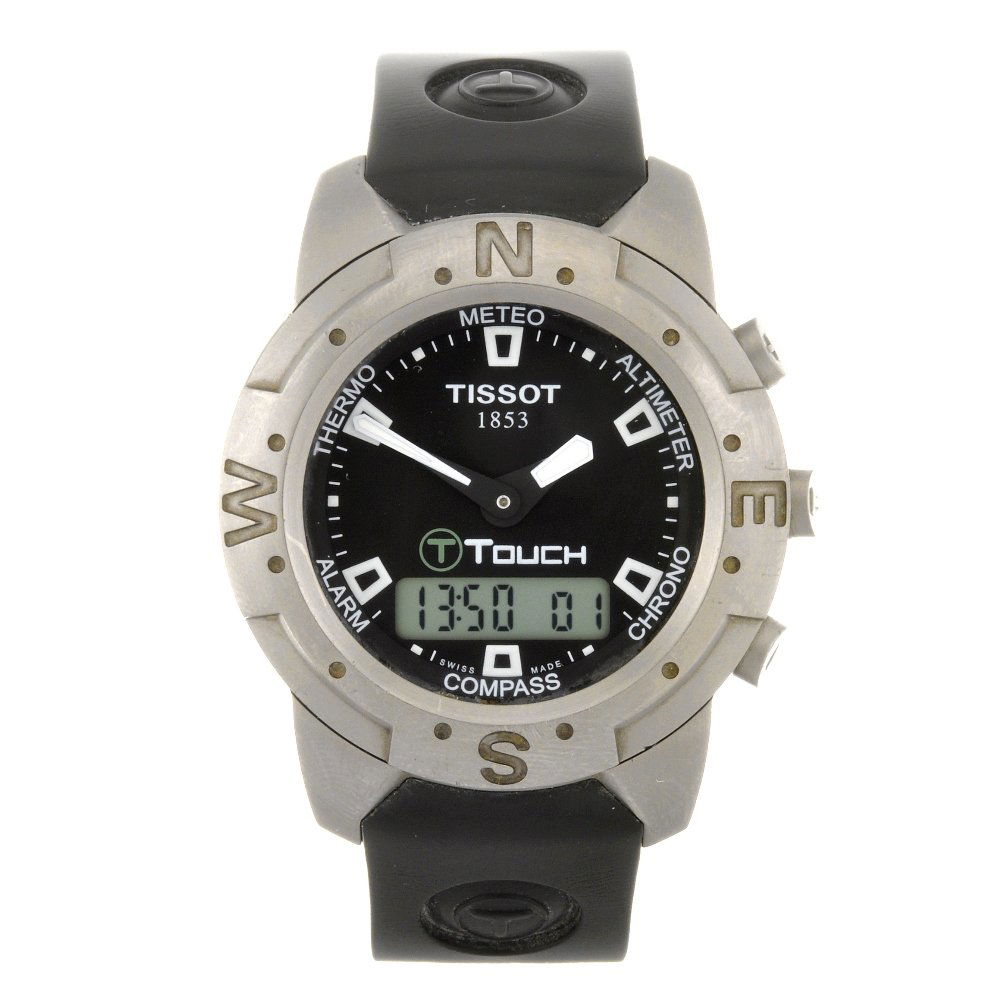 A titanium quartz gentleman's Tissot T-Touch wrist: TISSOT - a titanium quartz gentleman's T-Touch wrist watch, the black dial with luminous markers, bordered by a minute track, digital aperture to six o'clock, function indicators to inner bezel, rotat