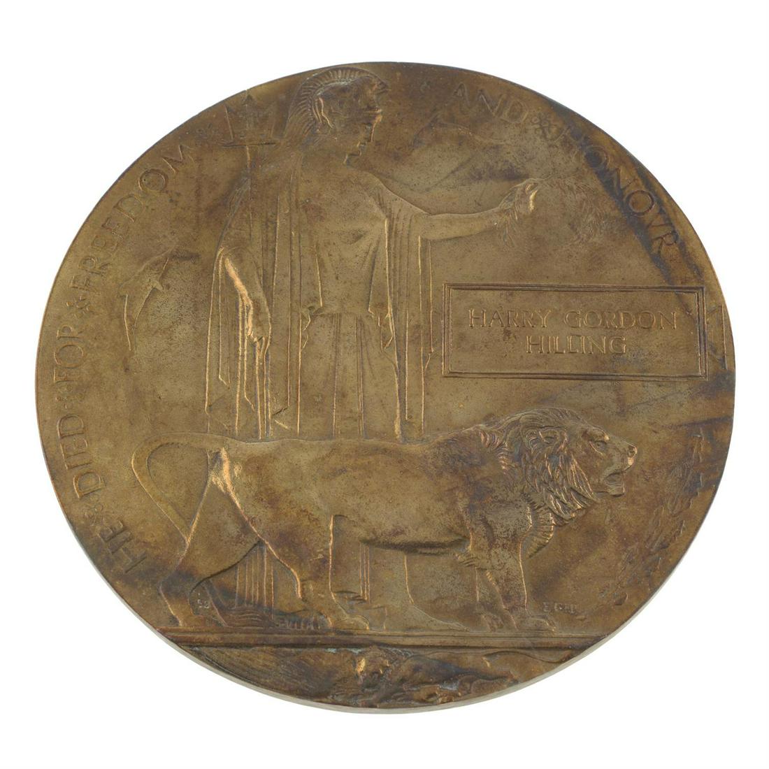 Great War, bronze Memorial Plaque.: Great War, bronze Memorial Plaque, named to 'Harry Gordon Hilling'. Condition Report: Sold without provenance or research.