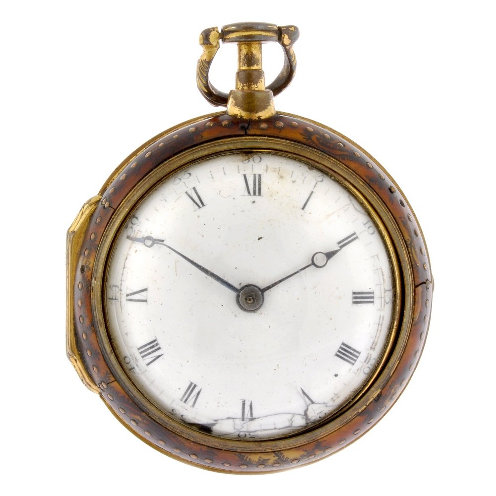 A possibly George III gilt key wind pair case pocke: A possibly George III gilt key wind pair case pocket watch by J Thornton, London, the white enamel dial with black Roman numeral hour markers surrounded by an outer minute track, the cases, the inner 