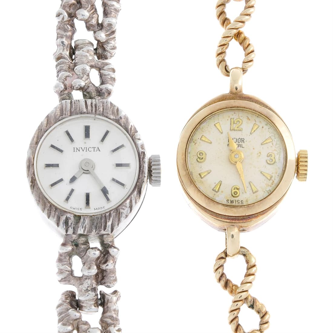 TUDOR - a 9ct yellow gold Royal bracelet watch with a silver Invicta bracelet watch.: TUDOR - a Royal bracelet watch. 9ct yellow gold case, hallmarked Chester 1957. Case width 15mm. Signed manual wind movement. Silvered dial. Fitted to an integral 9ct yellow gold bracelet with folding