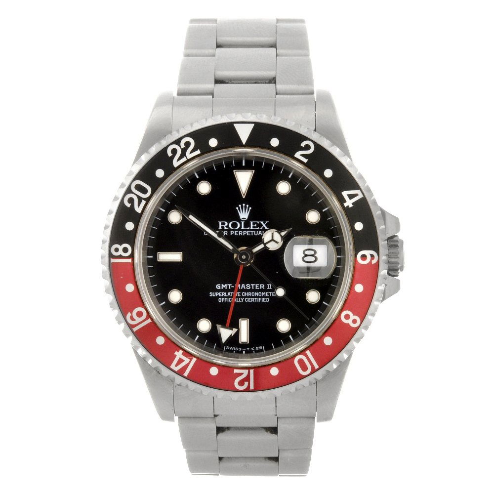 (107302) A stainless steel automatic gentleman's R: (107302) ROLEX - a stainless steel automatic gentleman's Oyster Perpetual Date GMT-Master II bracelet watch circa 1997, the black dial with hourly applied luminous dot markers, date aperture set to th