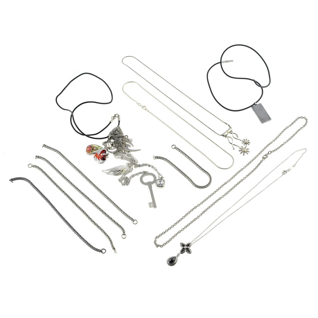 A selection of mostly gem-set pendants, on chains, together with five bracelet components and a: A selection of mostly gem-set pendants, on chains, together with five bracelet components and a chain. Gems to include colourless cubic zirconia. Bracelet components with hallmarks for silver, Birming