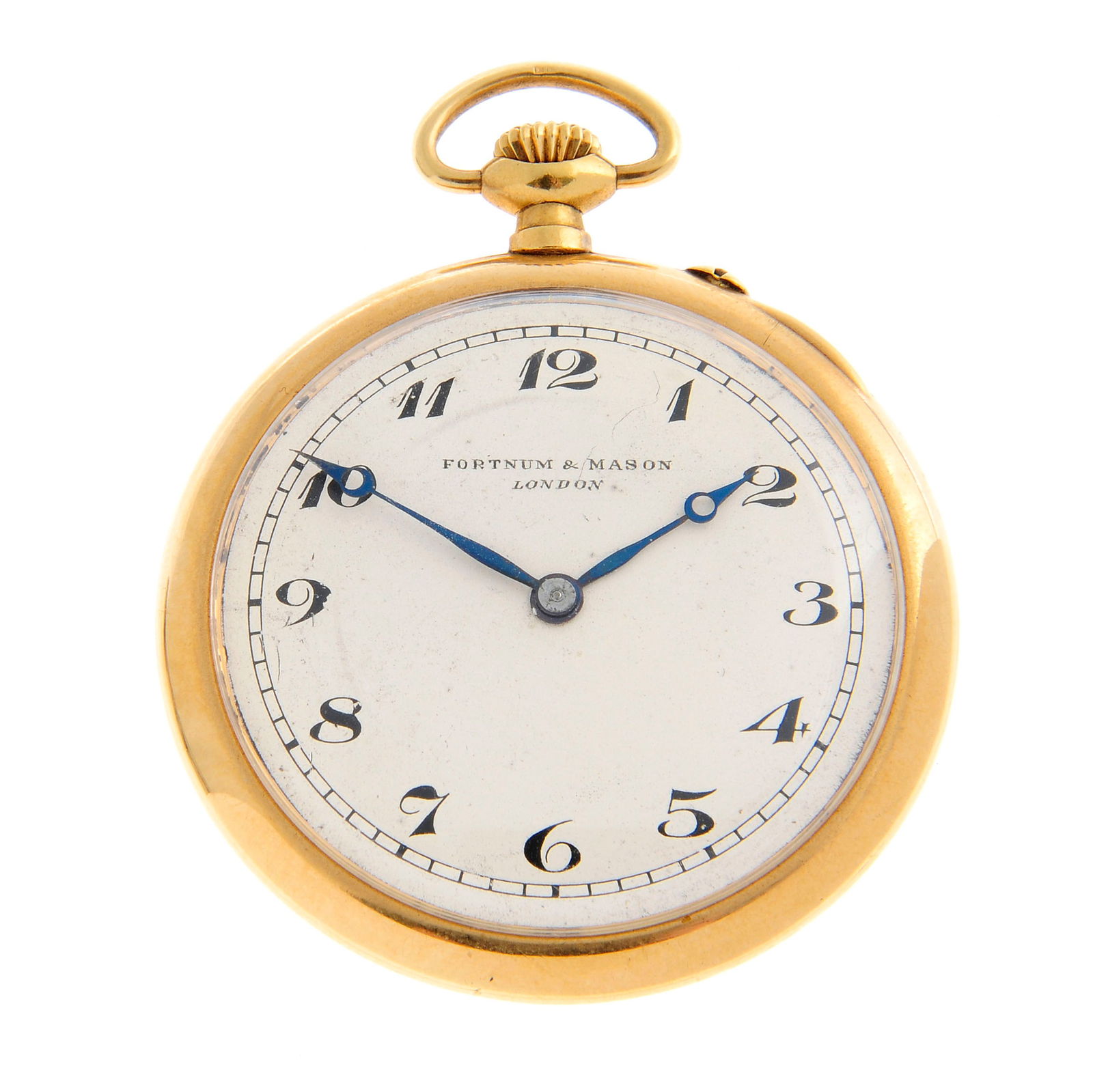 An open face pocket watch by Fortnum & Mason. 18ct yellow gold case, hallmarked Birmingham 1928.: An open face pocket watch by Fortnum & Mason. 18ct yellow gold case, hallmarked Birmingham 1928. Case width 45mm. Numbered 422975. Signed keyless wind movement with ratchet tooth lever escapement. Sil