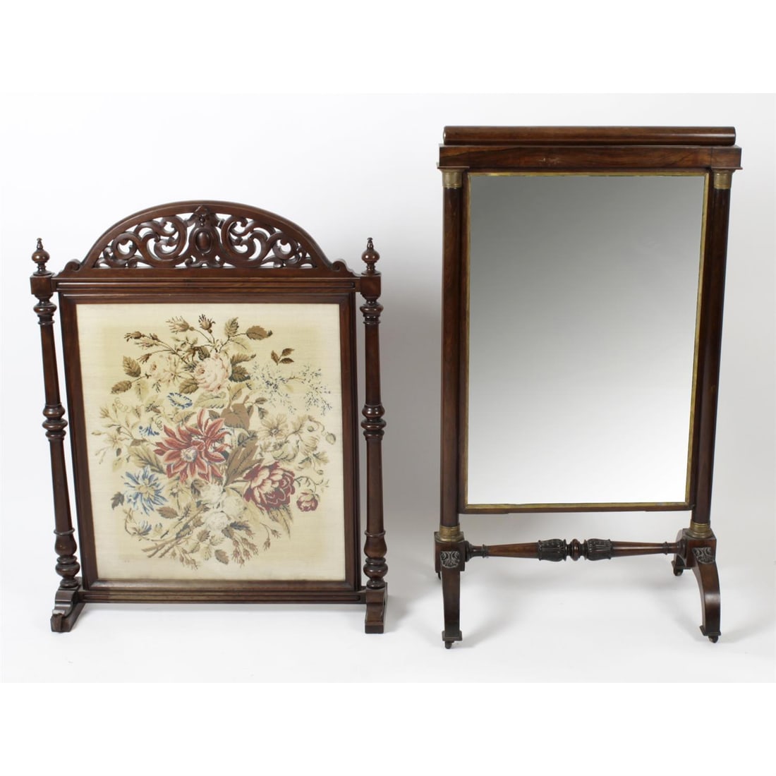Various antique mirrors: Assorted furniture to include a Regency / Empire style rosewood firescreen with mirrored panel, an Aesthetic toilet mirror and a firescreen with needlework panel (qty) Condition Report: